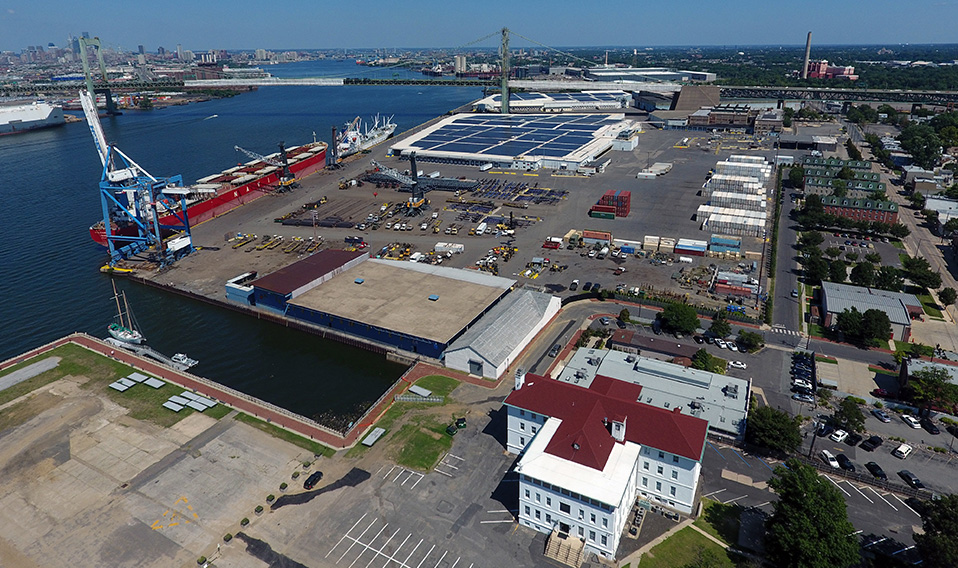 Aerial view of warehouse and port