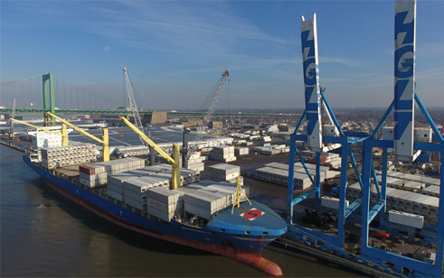 Aerial view of port and ship at dock